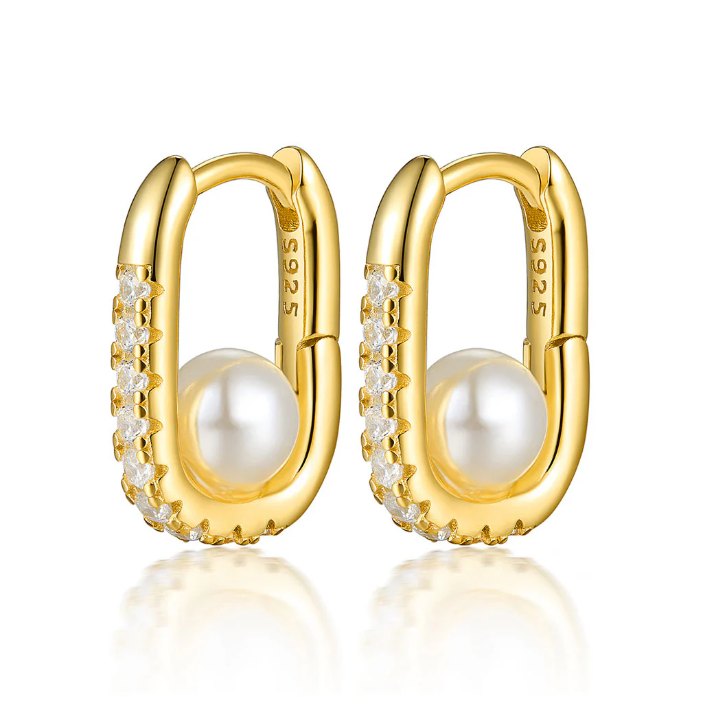 Geometric Oval Zircon Pearl Earrings - Image 10