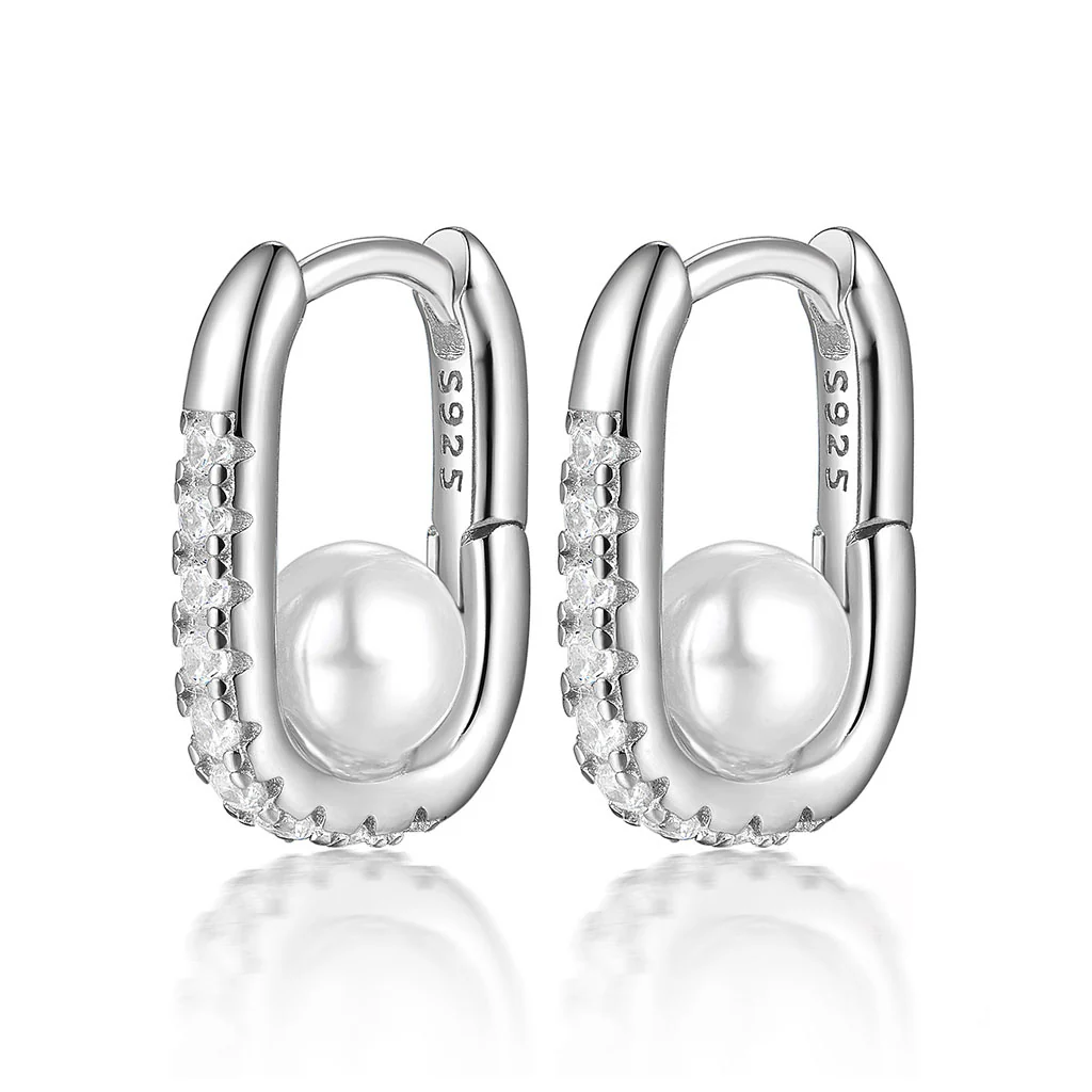 Geometric Oval Zircon Pearl Earrings - Image 9